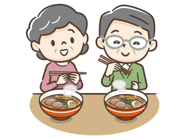 Ilustrasi dari pasangan tua makan ramen - Stok Vektor
