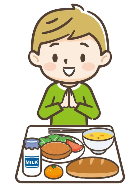 Иллюстрация мальчика, поедающего школьный обед — стоковый вектор