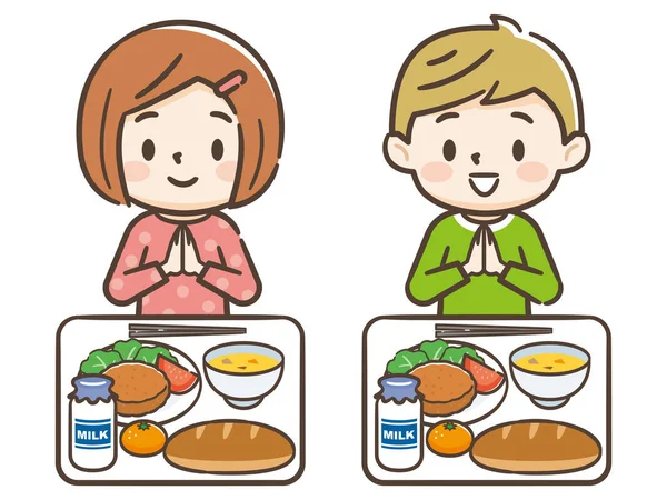 Illustration of Kids Eating School Lunch — 스톡 벡터