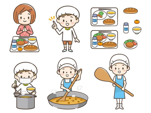 School lunch, cook, children illustration set — Stock Vector