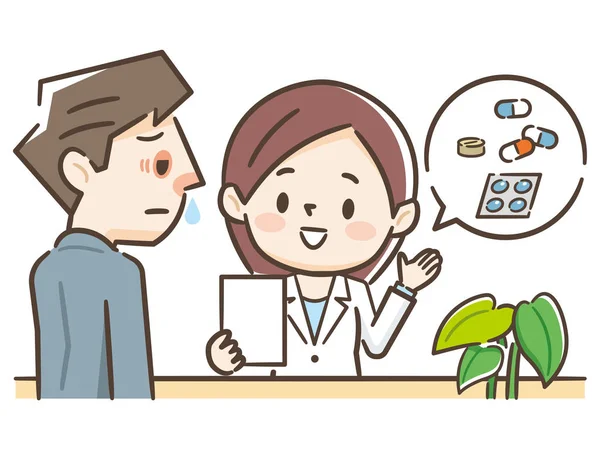 Illustratie van een patiënt Luisteren naar een apotheker uitleggen — Stockvector