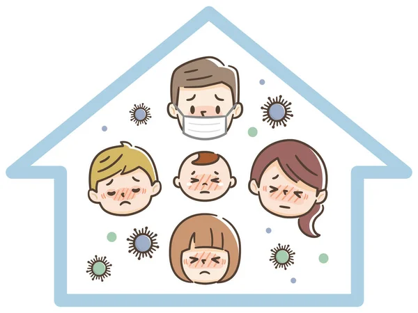 Ilustração de uma família infectada em casa —  Vetores de Stock