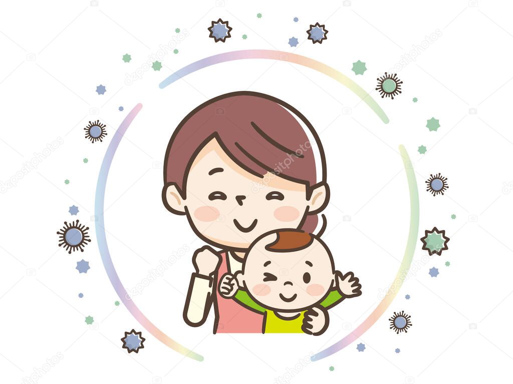 Illustration of mother and child protecting themselves from viru