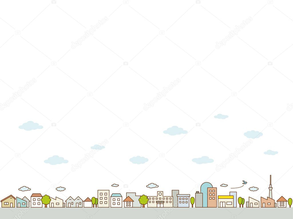 Flat Line City Street Landscape View Concept with Buildings, Roads, Trees.