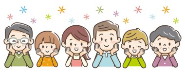 Happy family members sitting side by side with hands on chin. vector Happy family members sitting side by side with hands on chin. vector