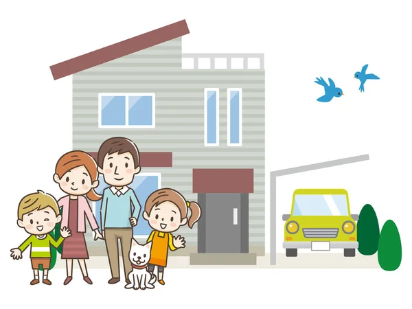 Familia Feliz Frente Casa — Vector de stock