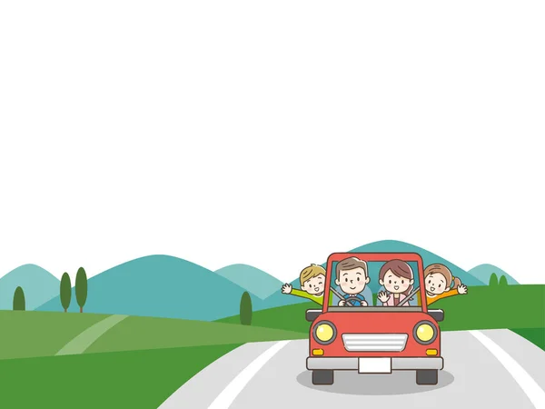 Lustige Familie Fährt Rotem Auto Den Wochenendurlaub — Stockvektor
