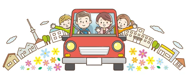 Drôle Famille Conduisant Voiture Rouge Week End Vacances Fond Paysage — Image vectorielle