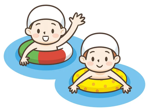 Διανυσματική Απεικόνιση Των Χαριτωμένα Μικρά Παιδιά Κολύμπι Φουσκωτό Κύκλο Κινουμένων — Διανυσματικό Αρχείο
