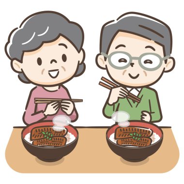 Yılan balığı yiyen yaşlı bir çiftin resmi.