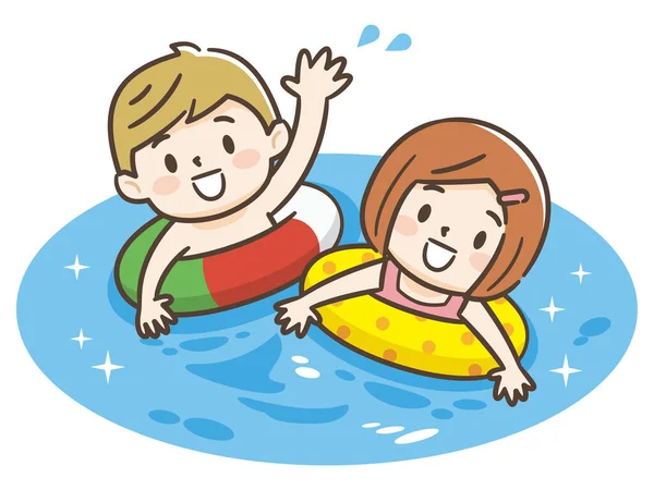 Vektor Illustration Von Kindern Die Auf Einem Schlauchboot Pool Schwimmen — Stockvektor