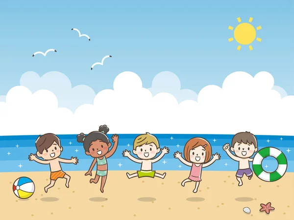 Kids Jumping Beach — Stock Vector