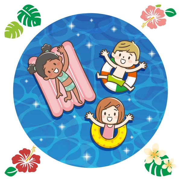 Vektor Illustration Von Kindern Die Auf Einem Schlauchboot Pool Schwimmen — Stockvektor