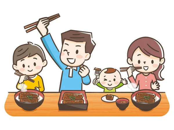 Ilustração Uma Família Comendo Enguias — Vetor de Stock