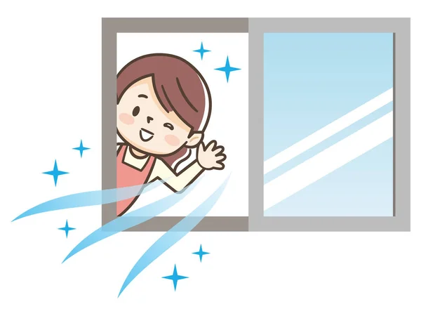 Ilustración Mujer Abriendo Una Ventana Para Ventilar — Vector de stock