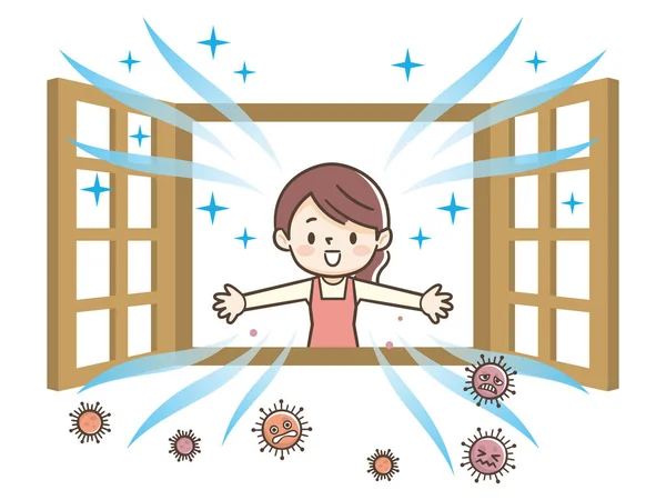 Illustration Woman Opening Window Ventilate — Stock Vector
