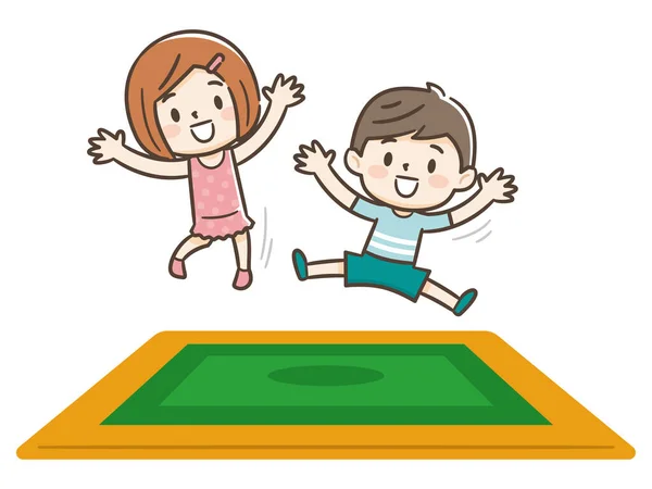 Happy Children Jumping Trampoline Cute Boy Girl Having Fun Jumping — Stock Vector