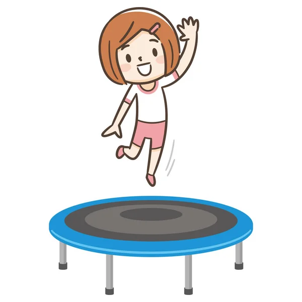 Chica Feliz Saltando Trampolín Ilustración Vectores Dibujos Animados Estilo Plano — Vector de stock