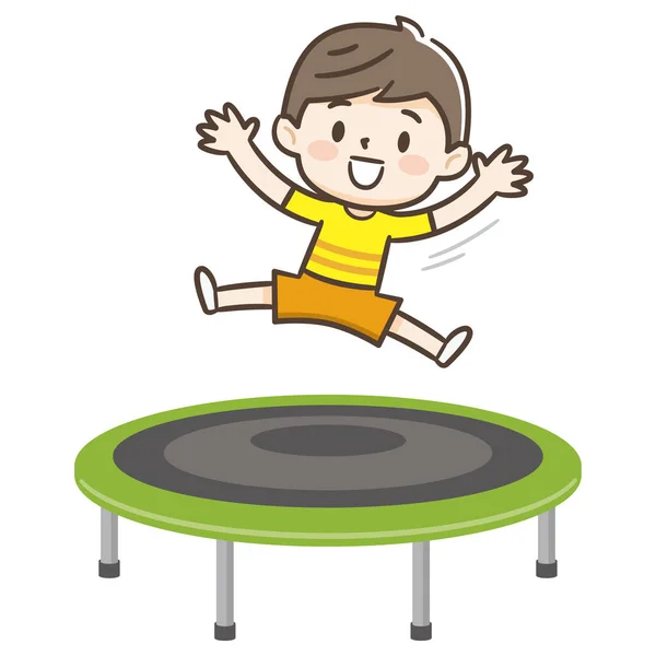Happy Boy Jumping Trampoline Flat Style Cartoon Vector Illustration Isolated — Stock Vector