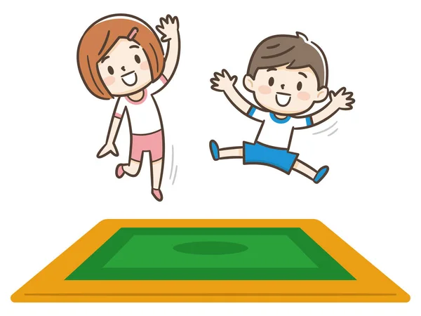 トランポリンでジャンプする幸せな子供たち トランポリンで楽しいジャンプをしているかわいい男の子と女の子 エンターテイメント 漫画風のベクター画像 — ストックベクタ