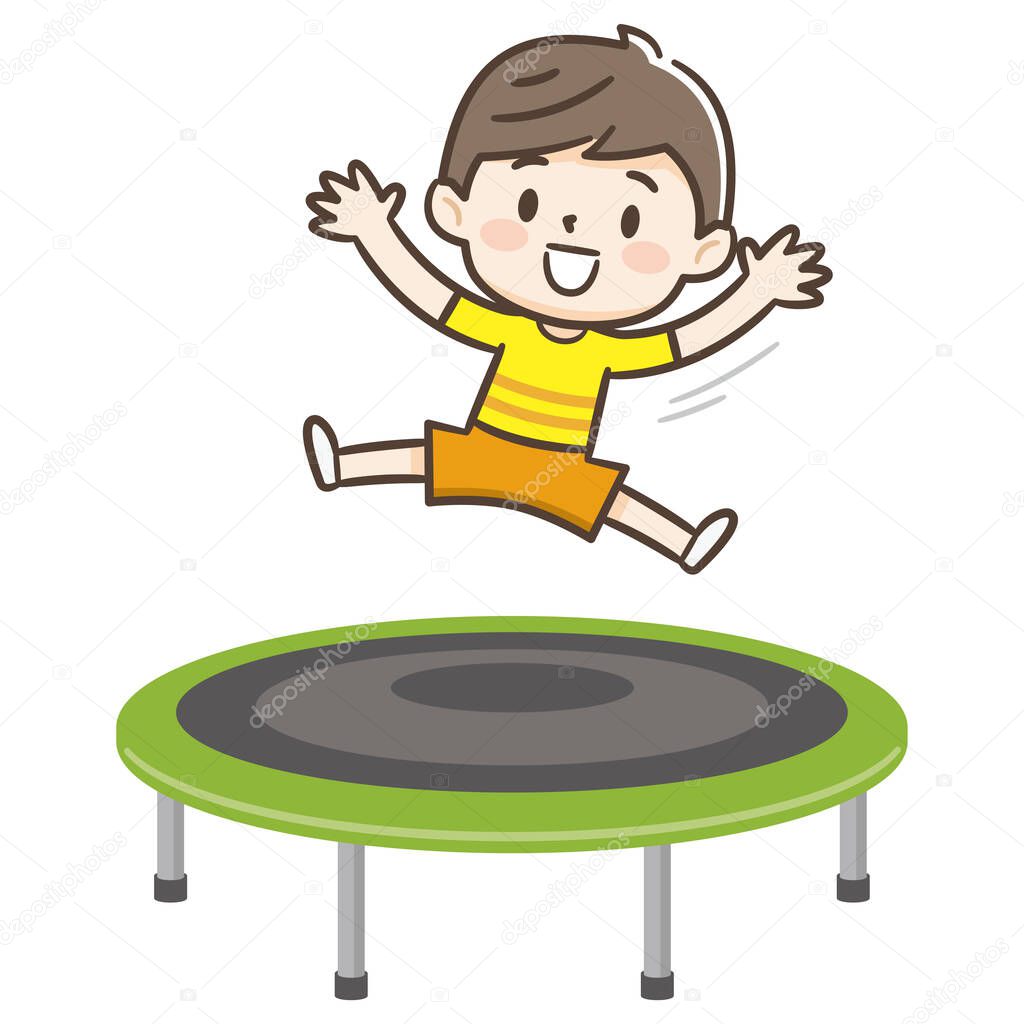 Happy boy jumping on trampoline. Flat style cartoon vector illustration isolated on white background.