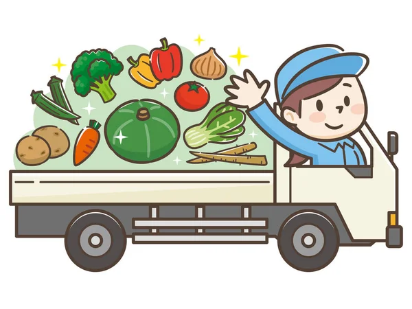 Μια Νεαρή Γυναίκα Οδηγεί Ένα Φορτηγό Γεμάτο Λαχανικά — Διανυσματικό Αρχείο