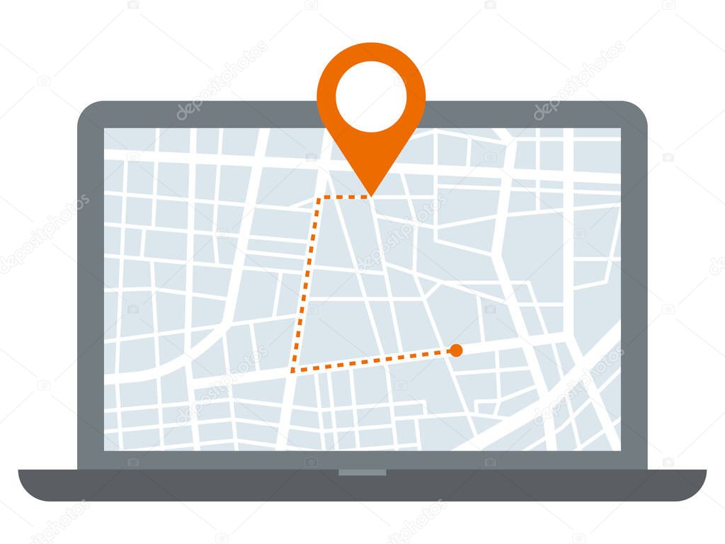 Laptop with GPS navigation concept with city map application or map location in flat, pointer, geo pin icon in modern design concept on isolated white background.