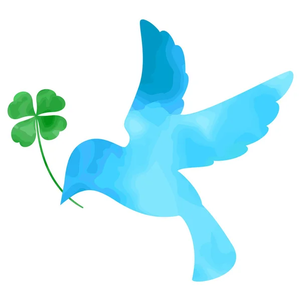 Oiseau Bleu Chanceux Tenant Trèfle Quatre Feuilles Dans Style Aquarelle — Image vectorielle