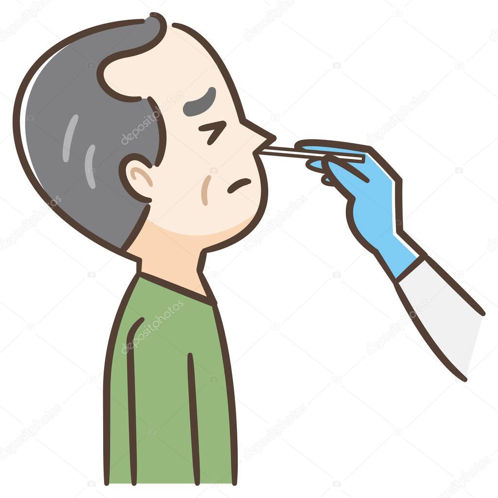 Covid test, doctor collects nose mucus by swab sample for covid-19 infection, patient being tested, lab analysis, medical checkup, flat cartoon vector illustration