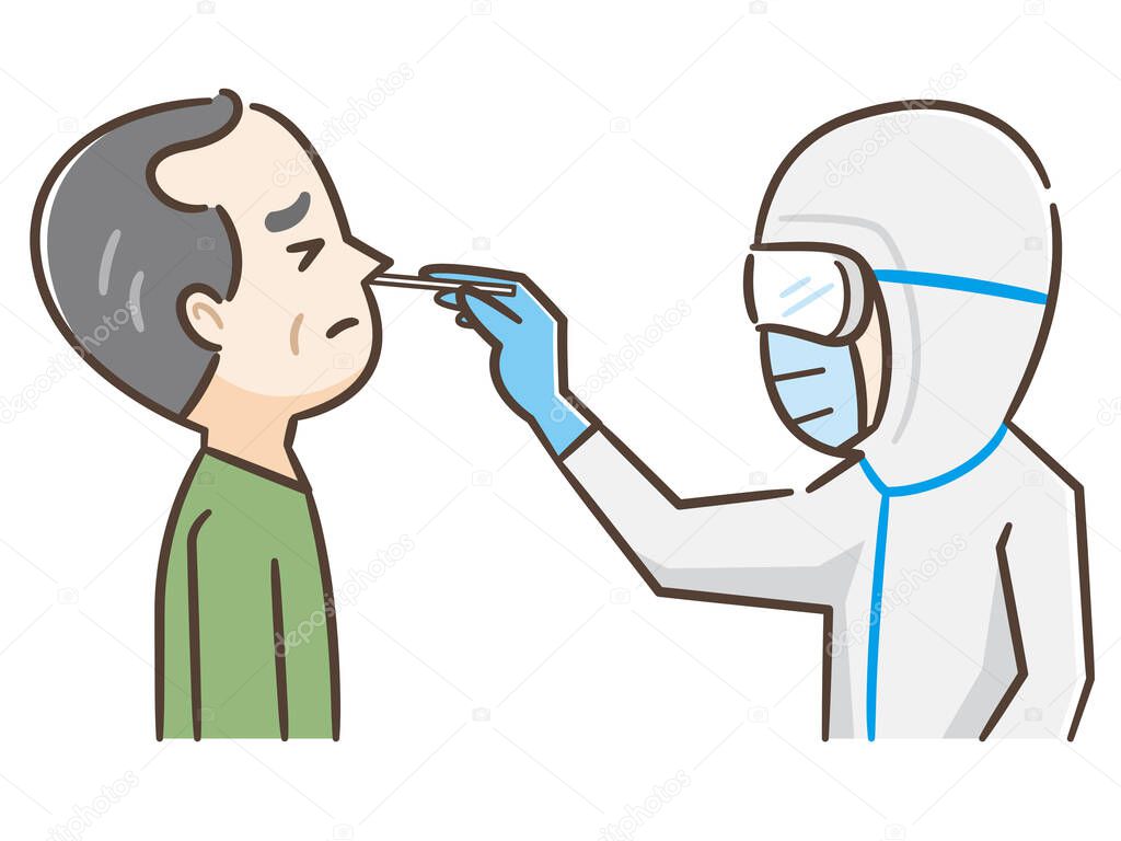 Covid test, doctor collects nose mucus by swab sample for covid-19 infection, patient being tested, lab analysis, medical checkup, flat cartoon vector illustration, doctor in face mask