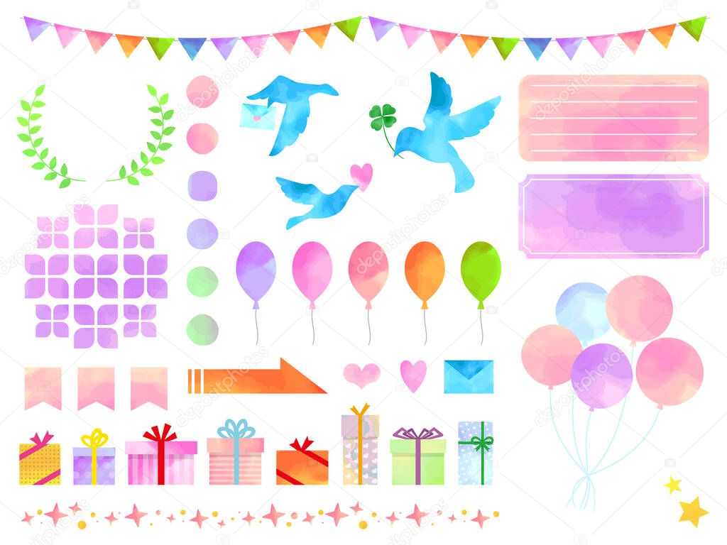 Set of watercolor bird, present, envelope, heart, gift, balloons. Hand drawn illustrations isolated on white. Decoration icons are perfect for greeting card, fabric textile