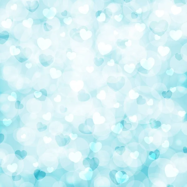 Astratto bello sfondo bokeh sfocato con cuori bianchi e blu su uno sfondo blu. Illustrazione vettoriale per San Valentino. EPS10 . — Vettoriale Stock