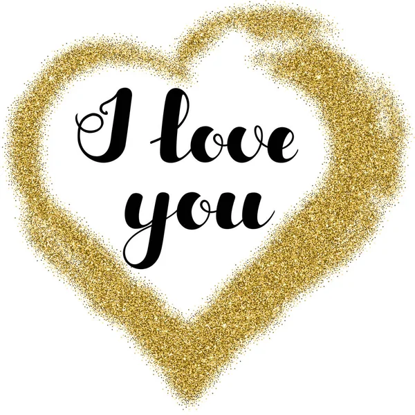 Betűkkel, "Szeretlek", az arany csillogó keret szív alakban, elszigetelt fehér background. Vektoros illusztráció a Valentin-nap. Eps10. — Stock Vector