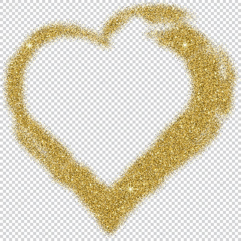 Golden glitter frame in the shape of heart with space for text isolated on transparent background for Valentines Day. Vector illustration. EPS10.