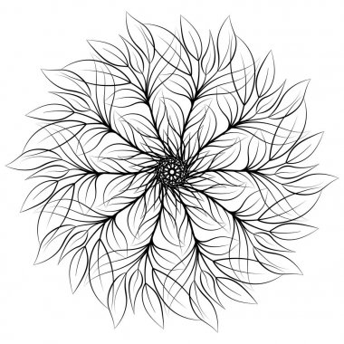 Mandala. Beyaz arka planda izole edilmiş yuvarlak çiçek süsü. Dekoratif tasarım öğesi. Boyama kitabı, tişört ve diğer öğeler için siyah ve beyaz ana hatlı vektör çizimi.