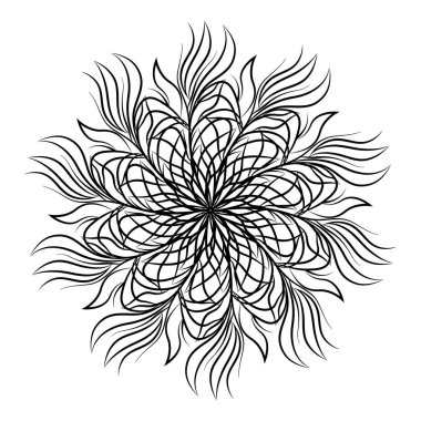 Mandala. Beyaz arka planda izole edilmiş yuvarlak çiçek süsü. Dekoratif tasarım öğesi. Boyama kitabı, tişört ve diğer öğeler için siyah ve beyaz ana hatlı vektör çizimi.