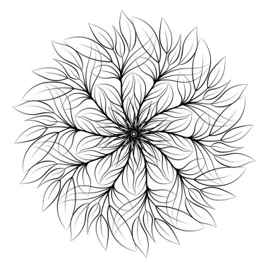 Mandala. Beyaz arka planda izole edilmiş yuvarlak çiçek süsü. Dekoratif tasarım öğesi. Boyama kitabı, tişört ve diğer öğeler için siyah ve beyaz ana hatlı vektör çizimi.