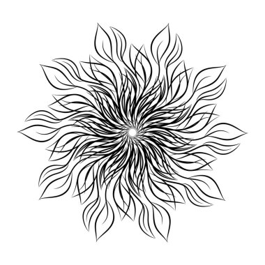 Mandala. Beyaz arka plan üzerinde izole yuvarlak çiçek süsleme. Siyah ve beyaz anahat vektör çizim davetiye, tebrik kartları, T-shirt üzerine baskı ve diğer öğeler için.