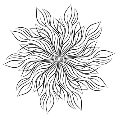 Mandala. Beyaz arka plan üzerinde izole yuvarlak çiçek süsleme. Dekoratif öğe. Siyah ve beyaz anahat vektör çizim davetiye, tebrik kartları, T-shirt üzerine baskı ve diğer öğeler için.