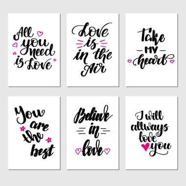 Üzerinde el yazısı olan ilham verici romantik tebrik kartı seti. Sevgililer günü için vektör illüstrasyonu tebrik kartları, posterler, afişler ve çok daha fazlası.