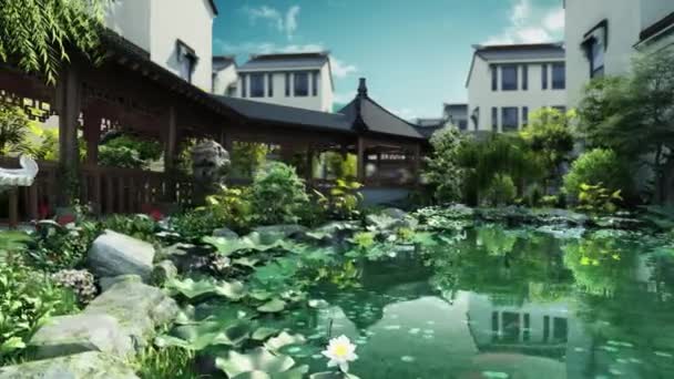 3d animation of oriental botanical garden pan — Stock Video