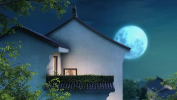 Animazione 3d della vecchia casa orientale in luce lunare — Video Stock