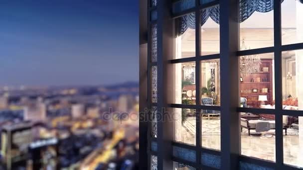 Animación 3d de la ventana del apartamento con vistas a la ciudad de noche — Vídeos de Stock