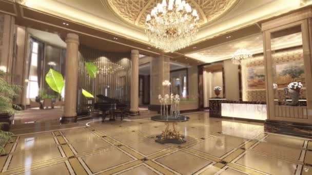 3d animation of classic deluxe lobby with reception — Stock Video