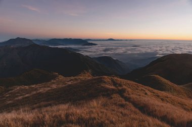 Filipinler 'deki Pulag Dağı Ulusal Parkı' nın zirvesindeki bulutların manzarası..
