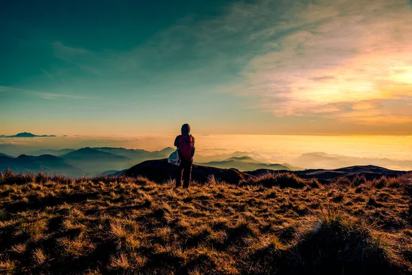 Dağın zirvesinde duran yetişkin bir dağcı. Pulag, güneş doğarken bulutların nefes kesen manzarasının tadını çıkarıyor..