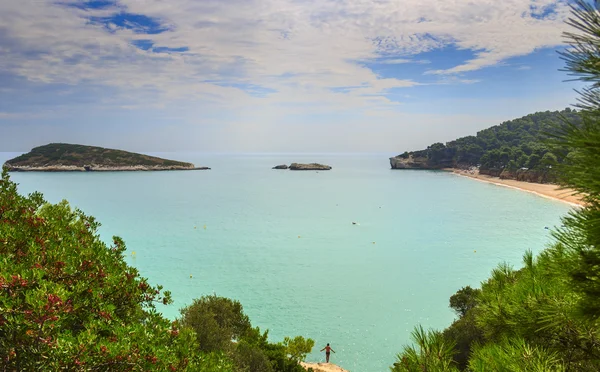 Summertime.Gargano kust: Baia di Campi beach,Vieste-(Apulia) Italië-op de achtergrond de Campi rock. — Stockfoto