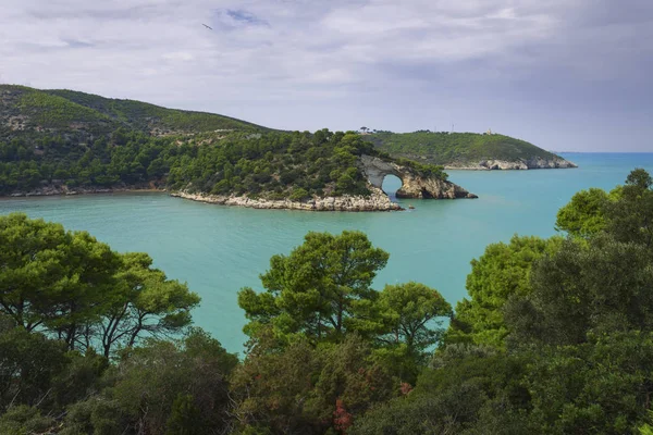 Apulia wybrzeża: panoramiczny widok na zatokę San Felice, Park Narodowy Italy.Gargano: Mały łuk skalny (Architello) jest wspaniały symbol miasta Vieste. — Zdjęcie stockowe