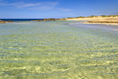 Salento coast: typical beach with sandy coves and cliffs.ITALY, Apulia. From Torre Pali to Pescoluse the shore is made of a sand washed by a so clear sea that it is called 'Maldive of Salento'.