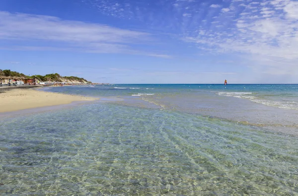 여름입니다. 풀리아의 가장 아름 다운 모래 해변: Alimini 베이, Salento 해안. 이탈리아 (레체)입니다. 그것은 광대 한 모래 해안 모래 언덕에서 자라는 소나무 숲에 의해 보호. — 스톡 사진